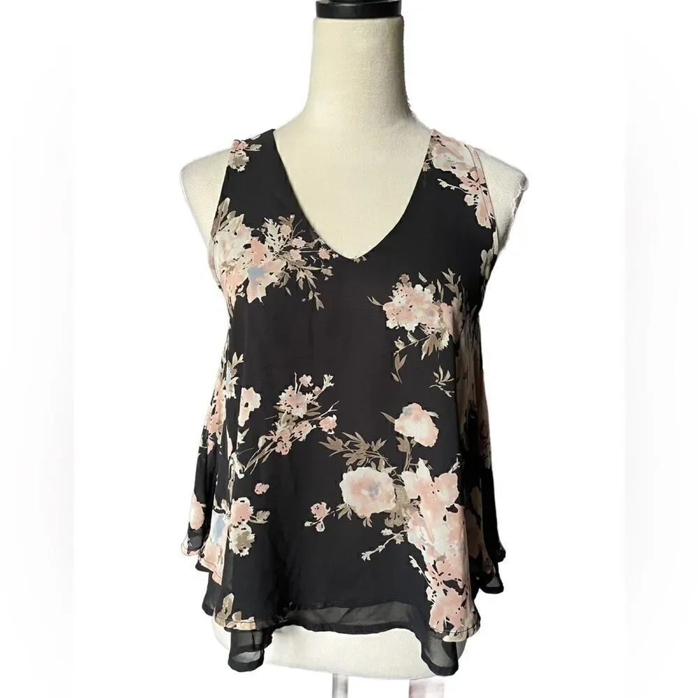 Sienna Sky Black Layered Chiffon Sleeveless Blouse w/Floral Print (Size: XS)